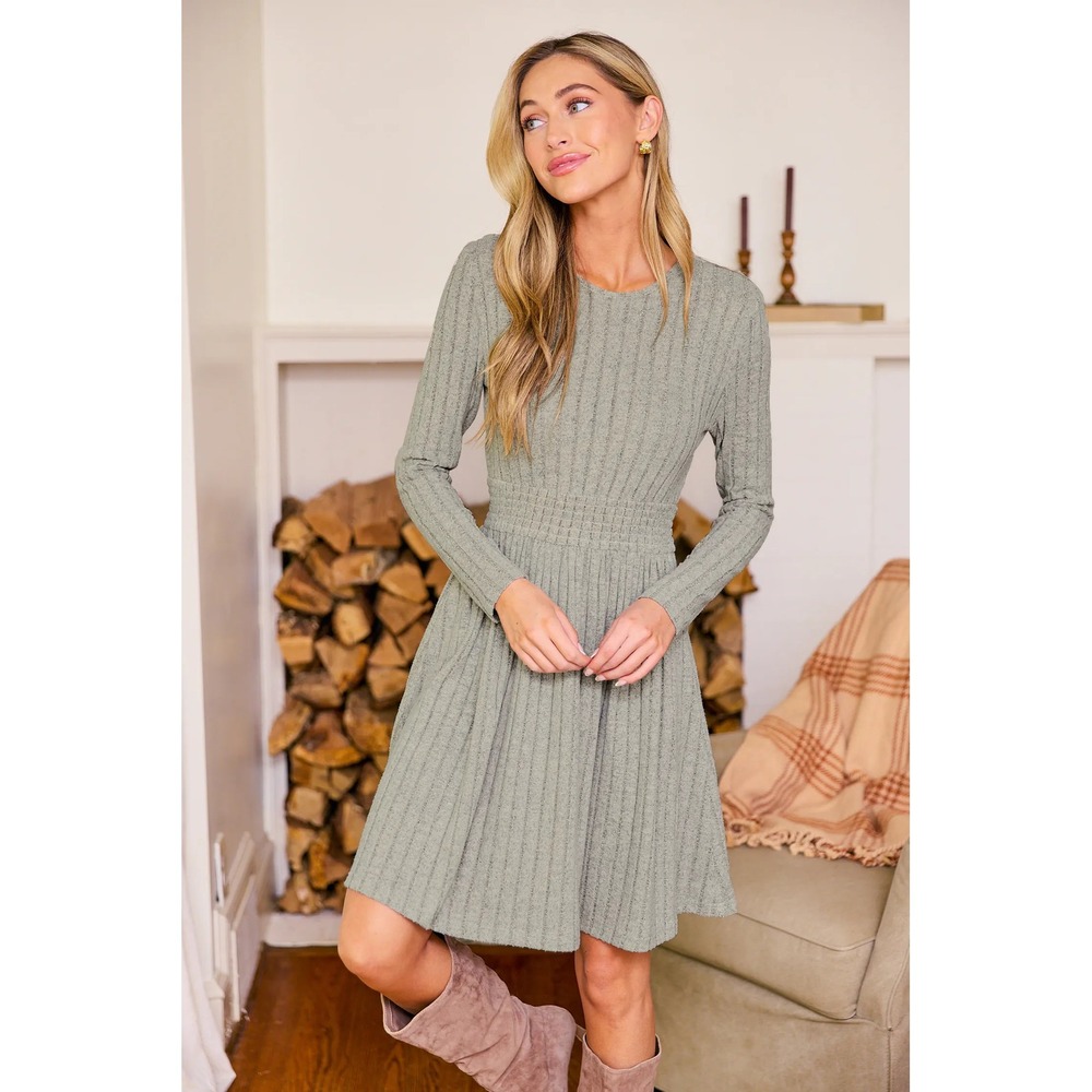 Cupshe Sage Green Ribbed Knit Smocked Waist Long Sleeve Fit and Flare Mini Dress - Picture 5 of 8